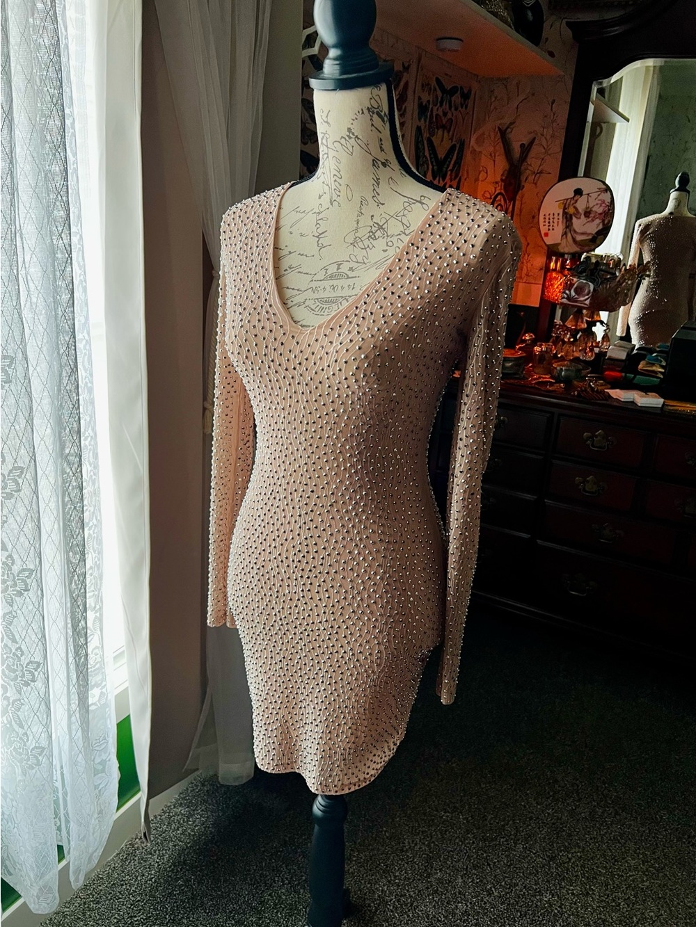 Windsor Nude Crystal-Embellished Long-Sleeve Bodycon Dress